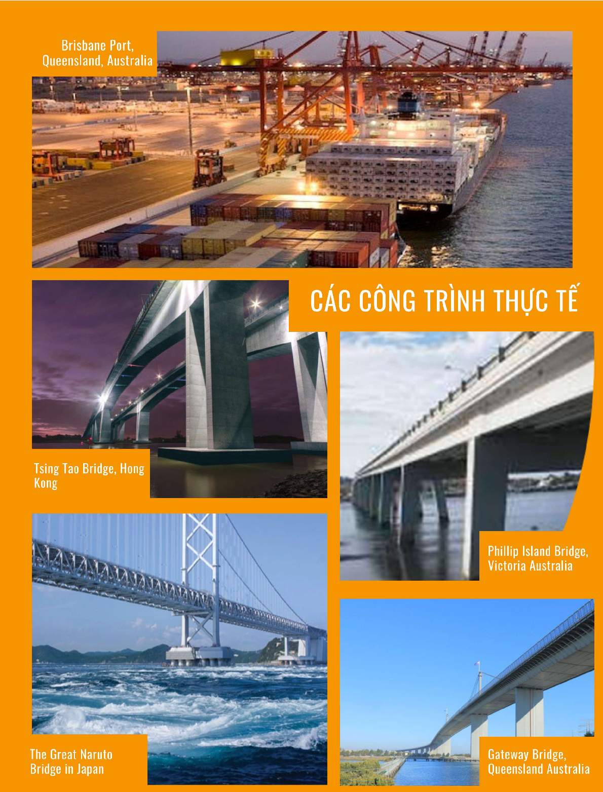 Brochure Tech-Dry Building Products - các công trình thực tế tại Brisbane Port, Tsing Tao Bridge, Phillip Island Bridge, The Great Naruto Bridge và Gateway Bridge